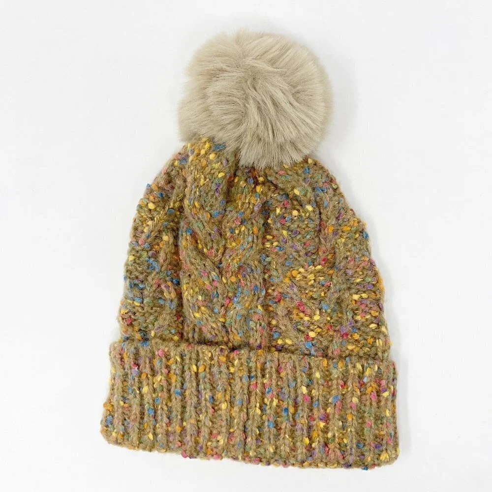 Confetti Cable Knit Pom Pom Beanie Stocking Cap Tan